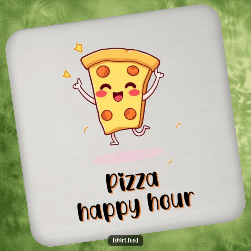 Funny coaster set showing a cheesy pizza slice character doing a celebratory dance with little legs, protecting tables with fun food art.