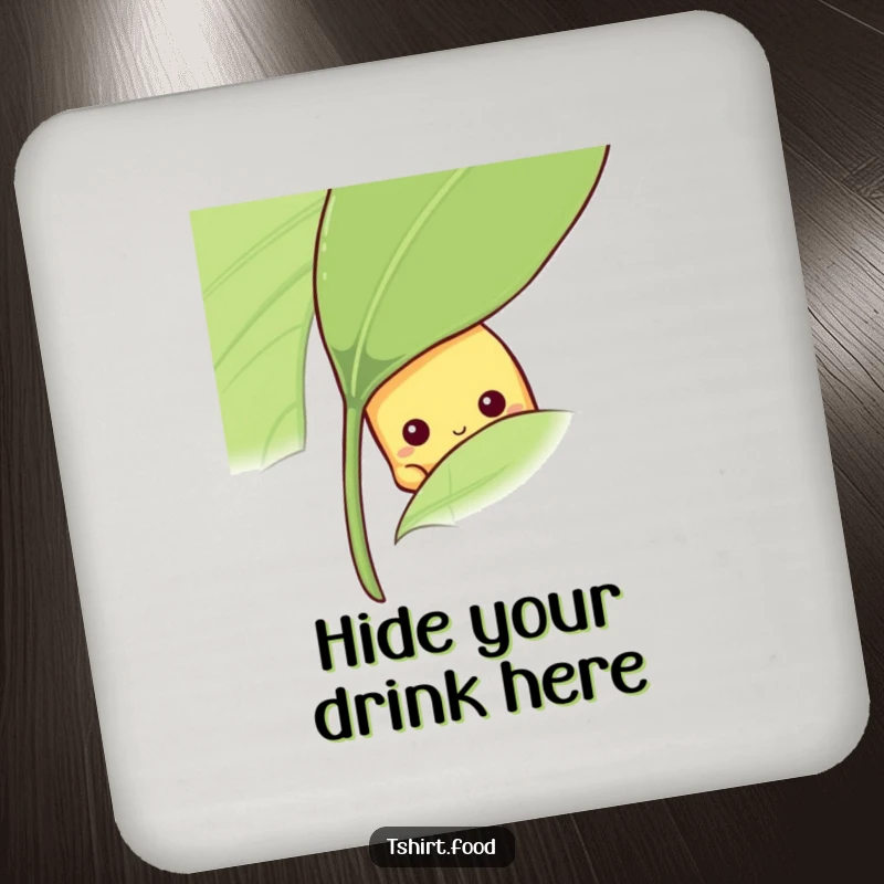Funny shy banana coaster with a fruit peeking from behind a leaf, perfect funny gift.