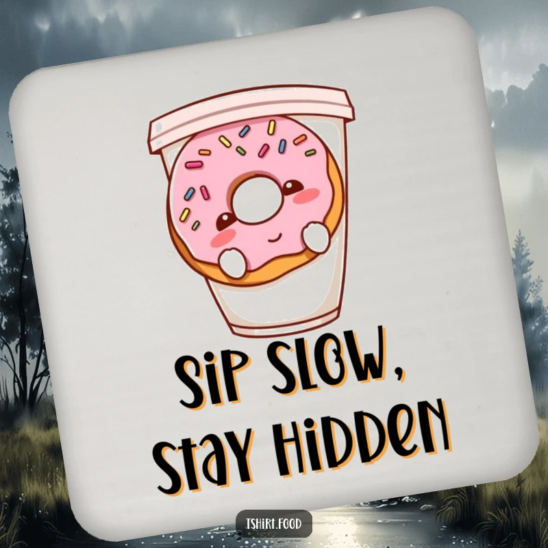 Funny shy donut coaster showing a blushing donut with sprinkles hiding behind a coffee cup, perfect for adding cute humor.