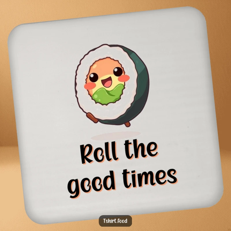 Funny Coaster: A smiling sushi roll in mid-cartwheel, protecting your surfaces with a touch of playful charm.