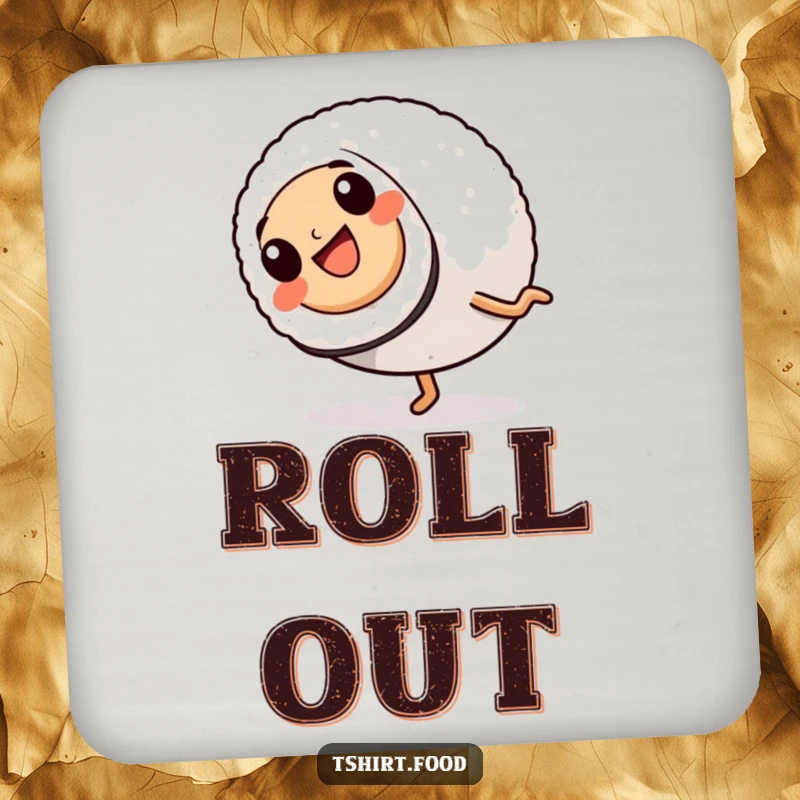 Funny Coaster: A sushi roll with legs performs a cheerful cartwheel, protecting surfaces with a playful and humorous flourish.