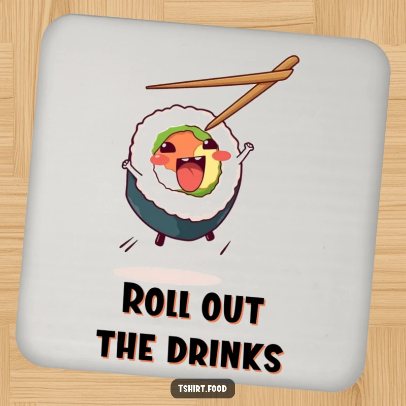 Funny Sushi Cartwheel Drink Coaster depicting an energetic sushi roll performing a cartwheel, a humorous and practical addition to any table setting.