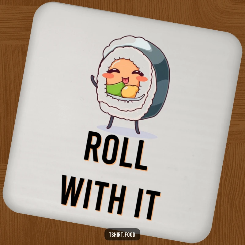 Funny drink coaster featuring a winking sushi roll with tiny legs dancing, protecting surfaces with humorous charm.