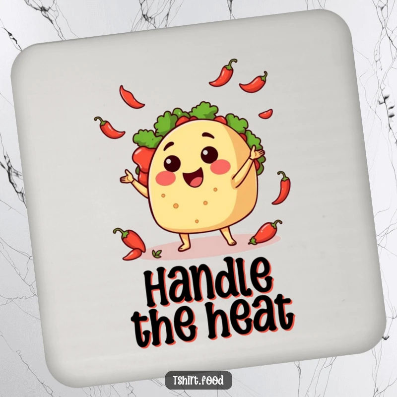 Funny Coaster: A happy taco in mid-juggle with tiny chili peppers, protecting your surfaces with a smile.