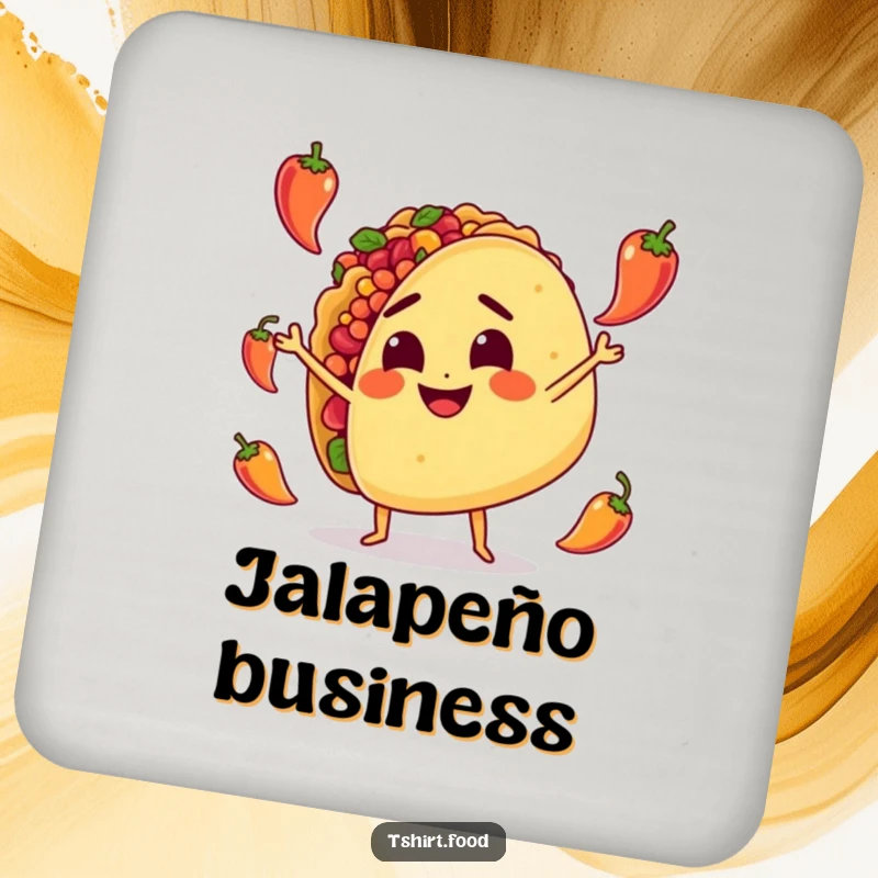 Funny Coaster: A smiling taco character determinedly juggles tiny hot peppers, protecting surfaces with a spicy, humorous charm.