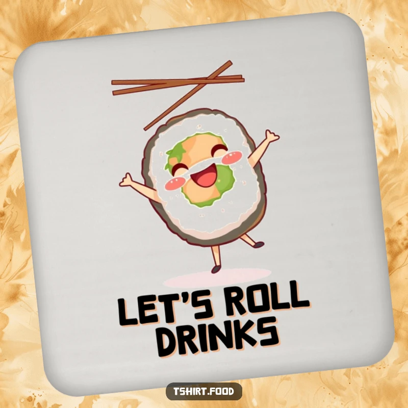 Funny drink coasters depicting a sushi roll doing a cheerful cartwheel with chopsticks in the air, adding playful style to tables.