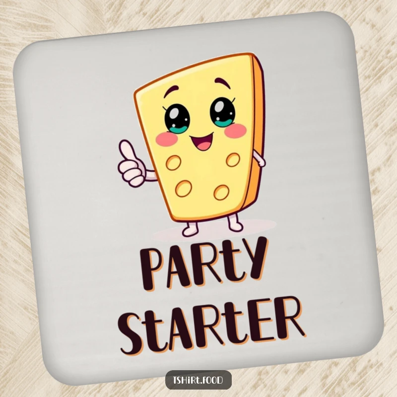 Funny drink coaster with a happy cheese wedge character giving a thumbs up, adding cheesy joy to any surface.