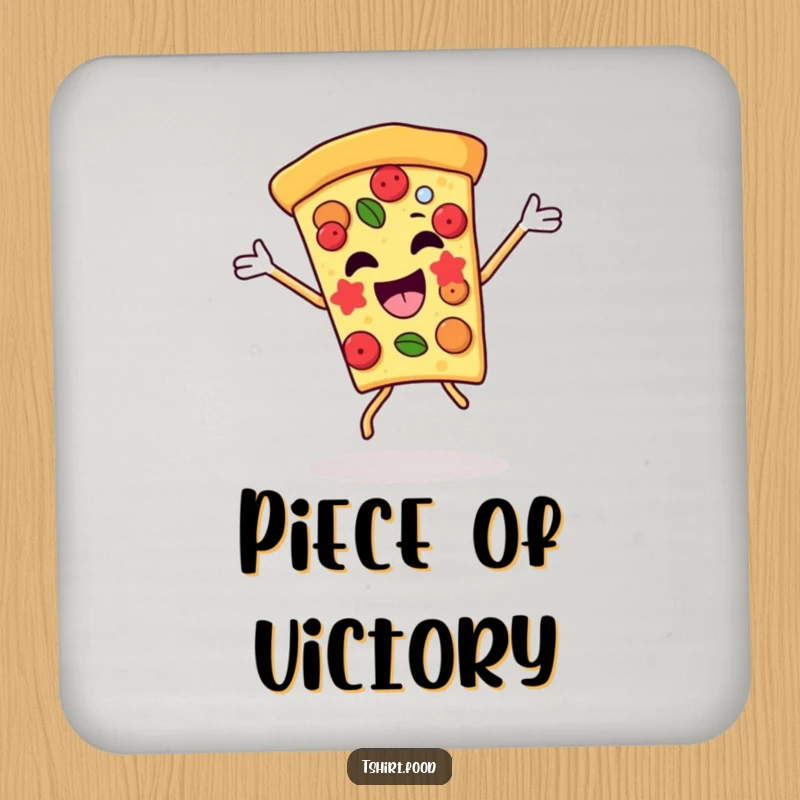 Funny pizza slice coasters in a lively dance, toppings adding flair. Perfect for protecting surfaces with a touch of humor.