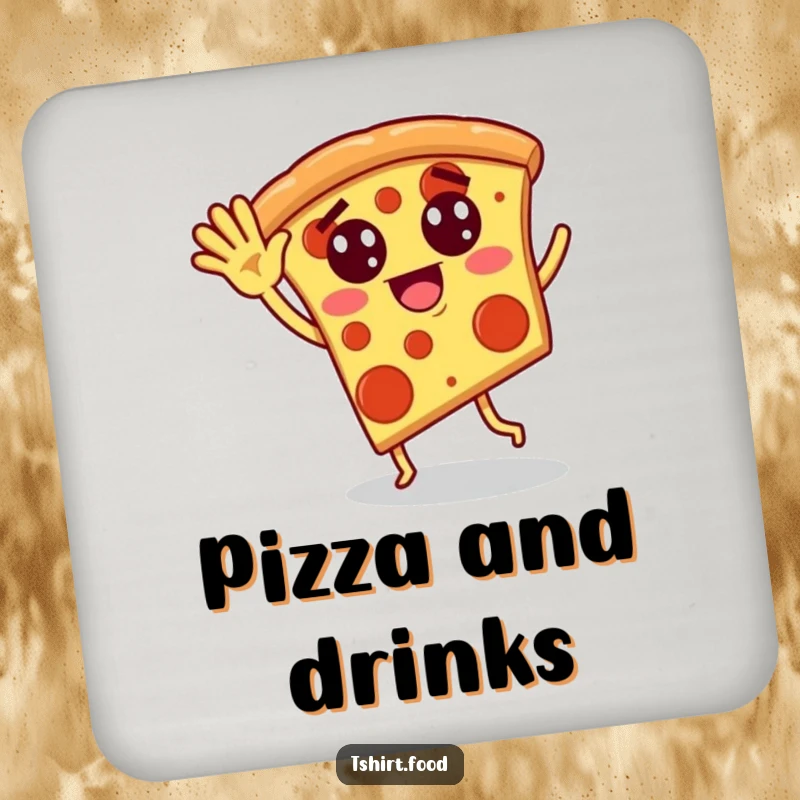 Funny drink coasters depicting a pizza slice with pepperoni eyes waving and dancing silliy, adding playful charm to tables.