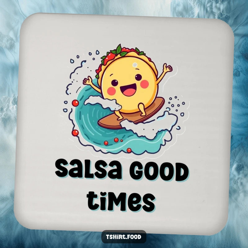 Funny coaster set showing a happy taco character riding a salsa wave, protecting tables with vibrant Mexican food-themed art and humor.