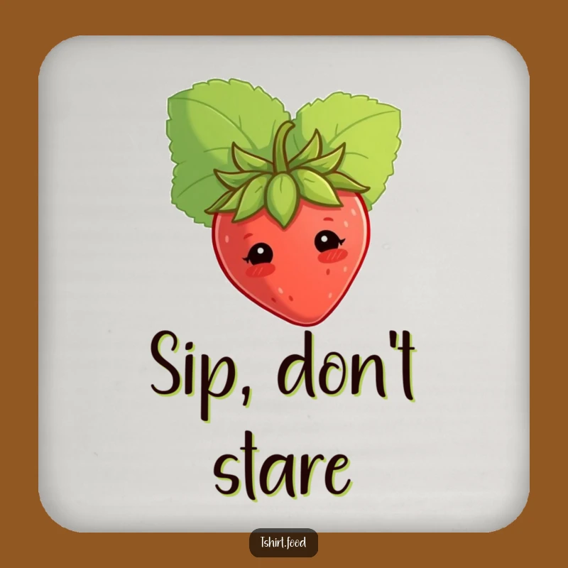 Set of Funny Shy Strawberry Coasters, Peeking Leaf Drink Humor Gift