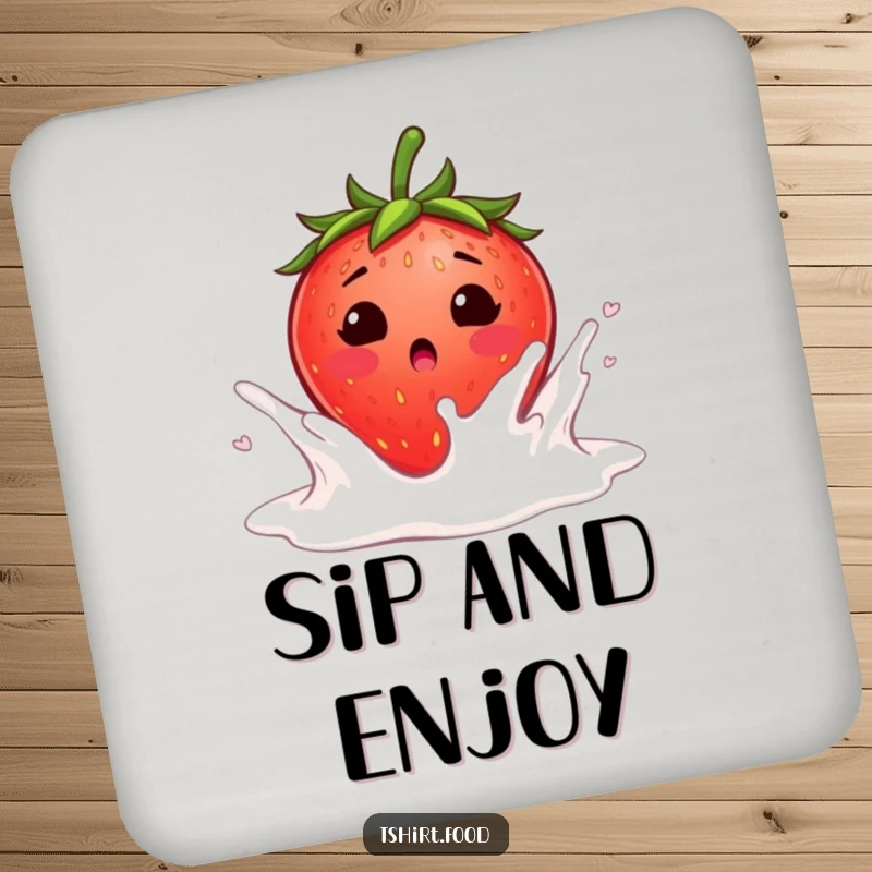 Funny surprised strawberry blushing as it falls into a milk splash coaster, a blushing strawberry landing in creamy milk, perfect for funny surface protection.