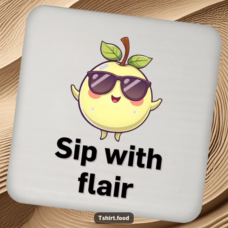Funny winking plum wearing sunglasses, balanced and cool, featured on a protective drink coaster.