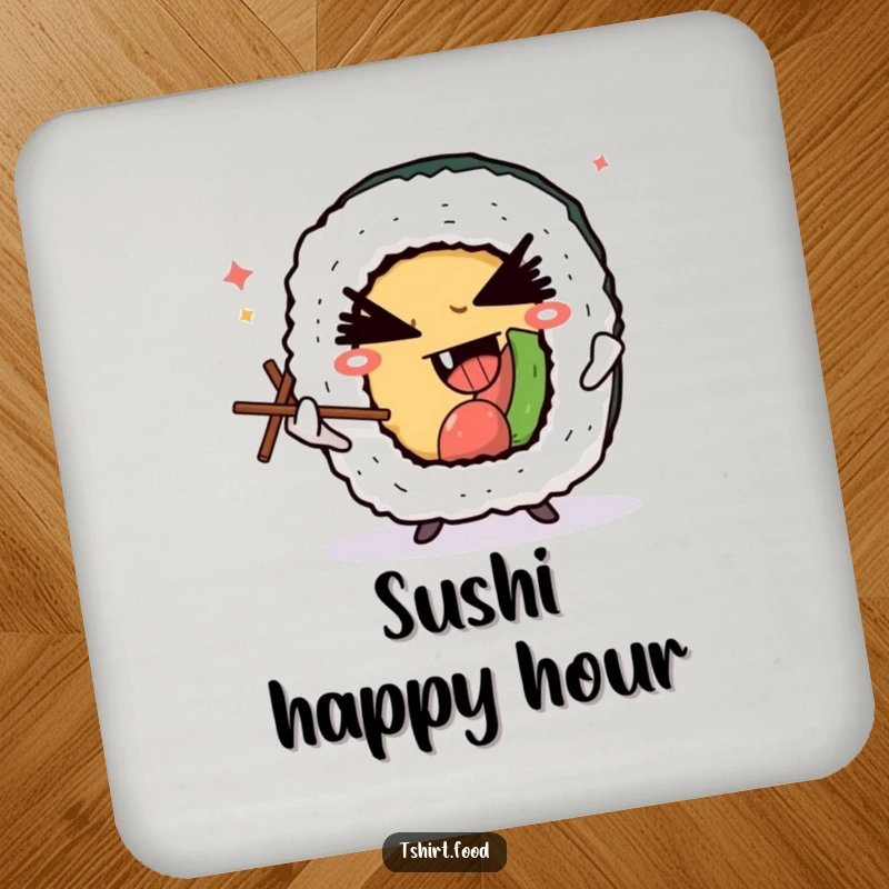 Funny coaster set showing a winking sushi roll character juggling chopsticks with a devilish grin, protecting tables with Japanese food humor.
