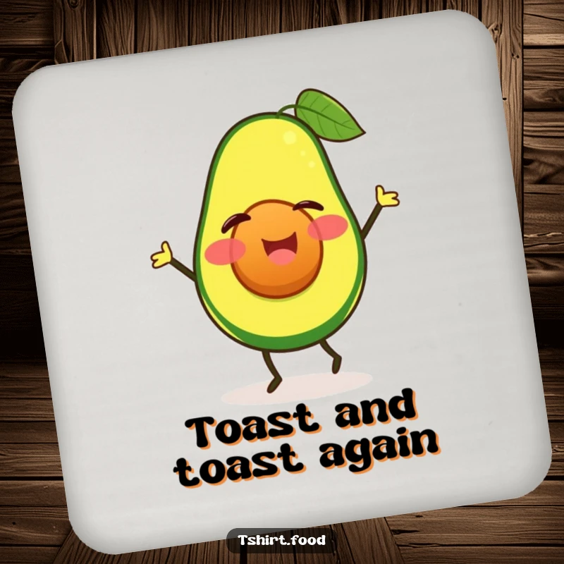 Set of funny winking avocado coasters doing a happy jig, protecting surfaces with food and dance humor. Ideal funny gift.