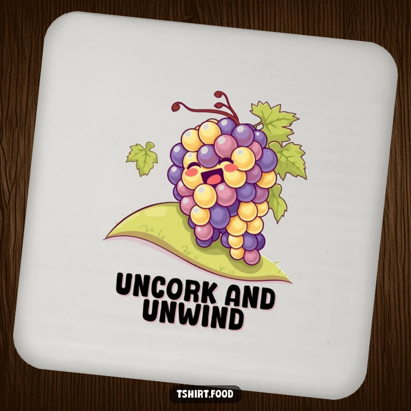Funny giggling grapes rolling down a hill on a drink coaster, adding a playful touch to any table.
