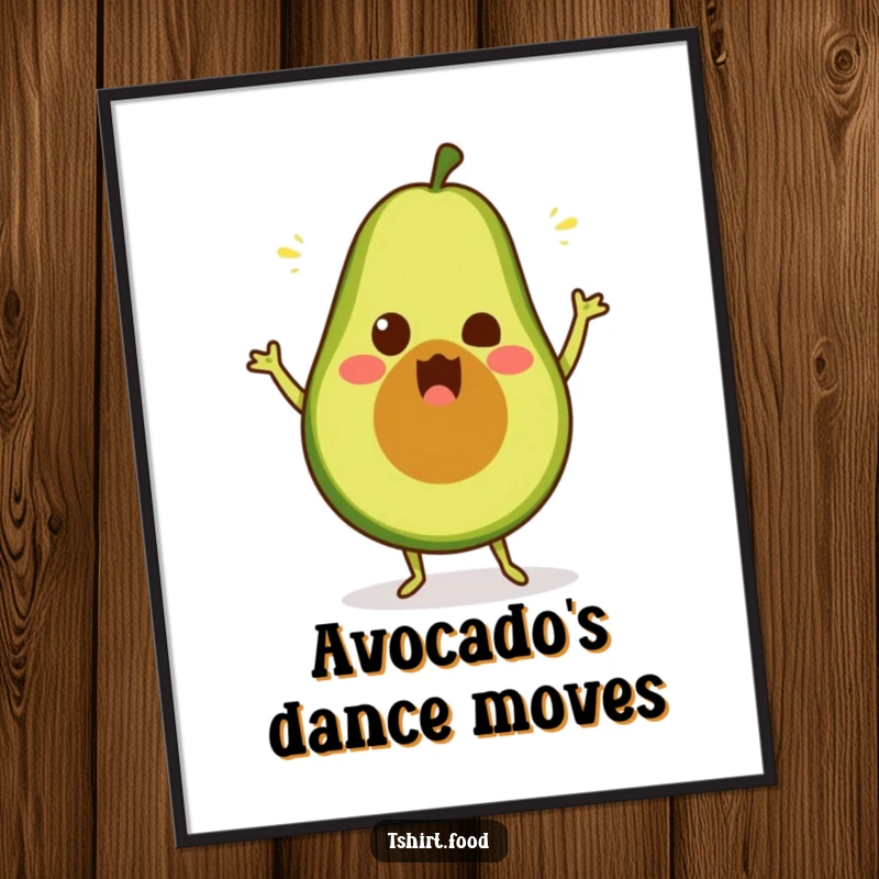 Funny avocado dance poster depicting a surprised fruit in a silly dance pose, perfect funny gift.