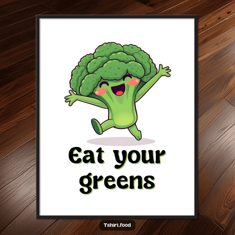 Funny Broccoli Poster: A jubilant broccoli character is captured mid-cartwheel with arms flung wide, radiating pure, active joy and health.