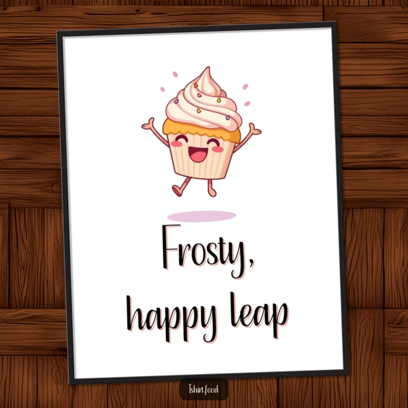 Funny leaping cupcake poster showing a happy cupcake joyfully leaping with frosting raining down, a sweet and humorous piece.
