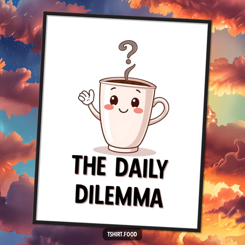 Funny poster art of a waving coffee cup character, steam forming a question mark, ideal for adding humor to any wall.