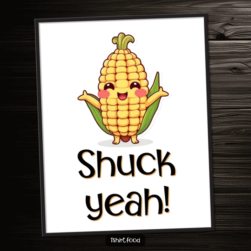 Funny poster showcasing a beaming corn cob character extending its arms for a comical, heartwarming hug, brightening any wall space.
