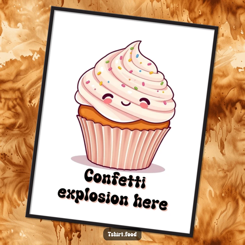 Funny poster featuring a cheerful cupcake character covered in tiny confetti, adding a festive and humorous touch to any wall.