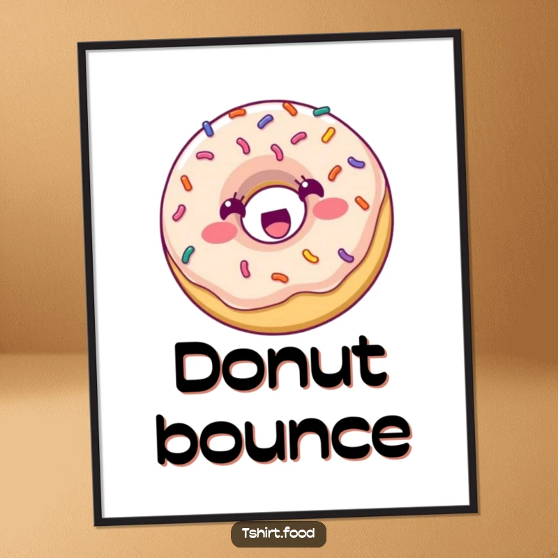 Funny Poster: A round donut covered in colorful sprinkles is captured bouncing energetically, creating a visually appealing and humorous piece.