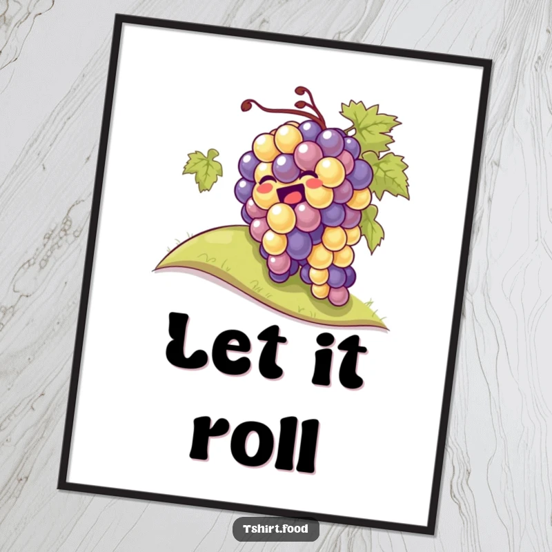Funny giggling grapes tumbling down a hill, captured on a whimsical poster, perfect for adding humor to walls.