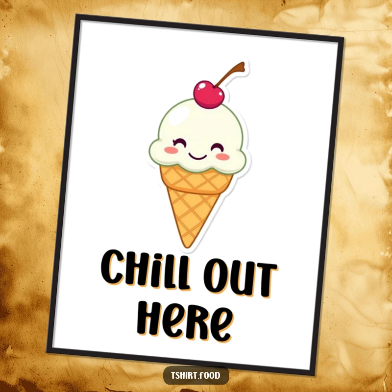 Funny poster of a grinning ice cream cone with a cherry on top, humorously sliding, adding cool and appetizing wall decor.