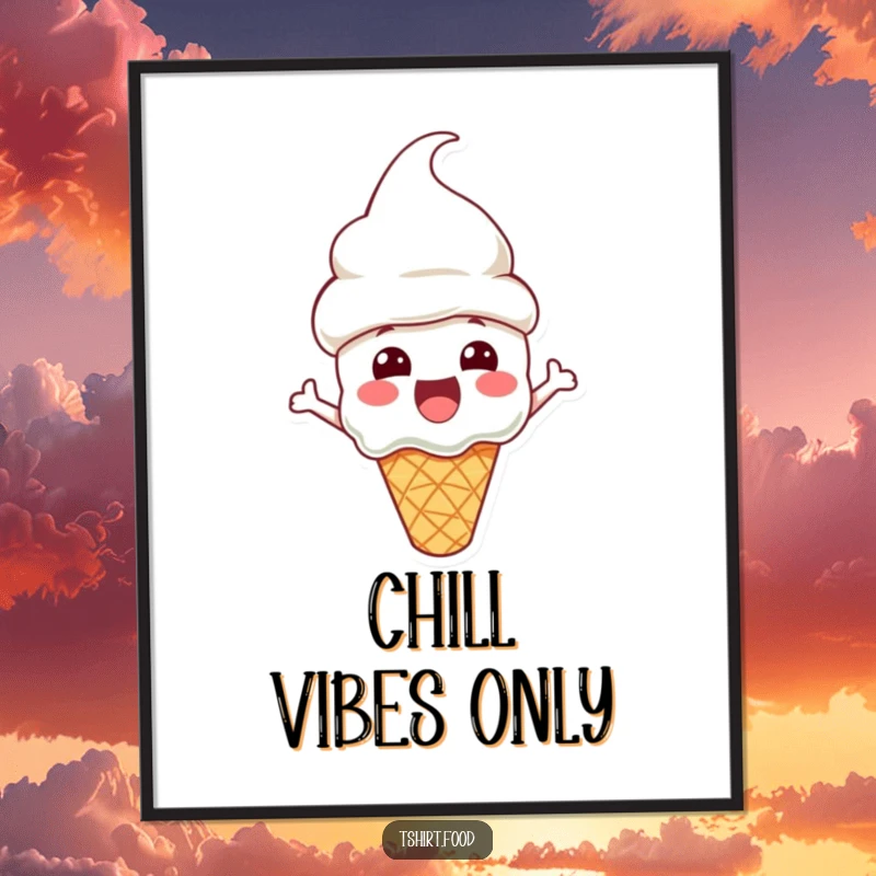 Funny Poster featuring an excited ice cream cone character wearing a cone hat, radiating joy and a love for sweet treats.