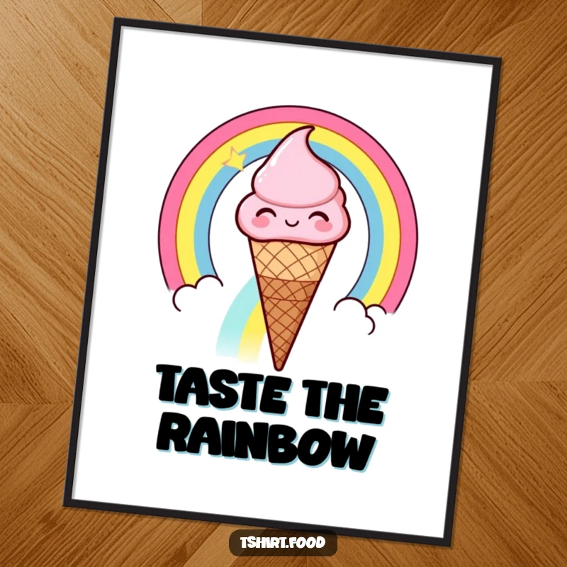 Funny winking ice cream cone sliding down a rainbow poster, a cheerful ice cream cone winking as it slides down a colorful rainbow.