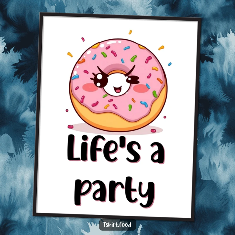 Funny poster of a kawaii donut throwing colorful sprinkles with a mischievous wink, adding sweet and playful charm to decor.