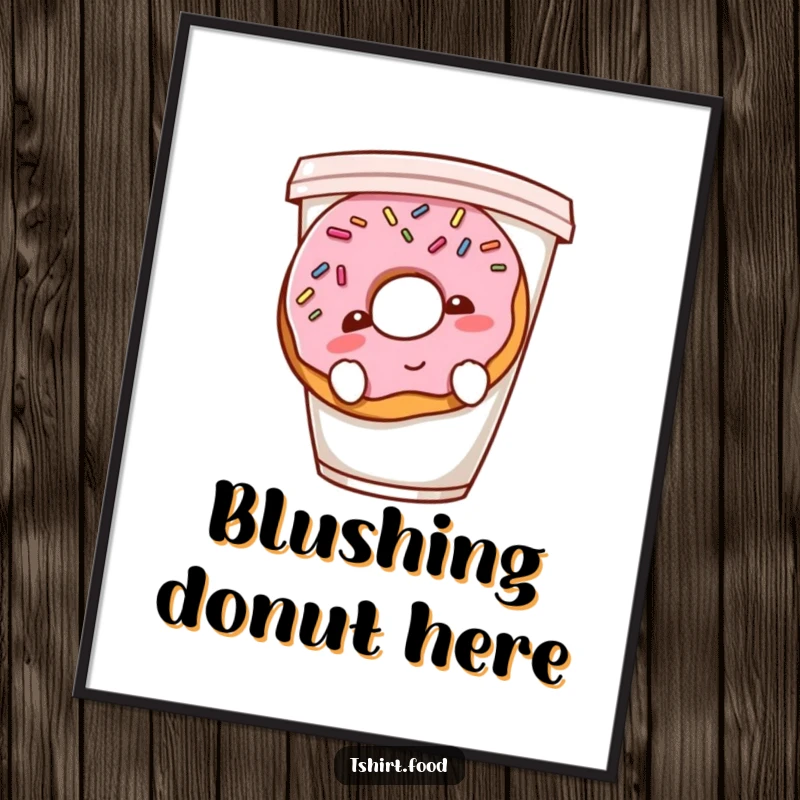 Funny shy donut poster showing a blushing donut with sprinkles hiding behind a coffee cup, a sweet and humorous piece.
