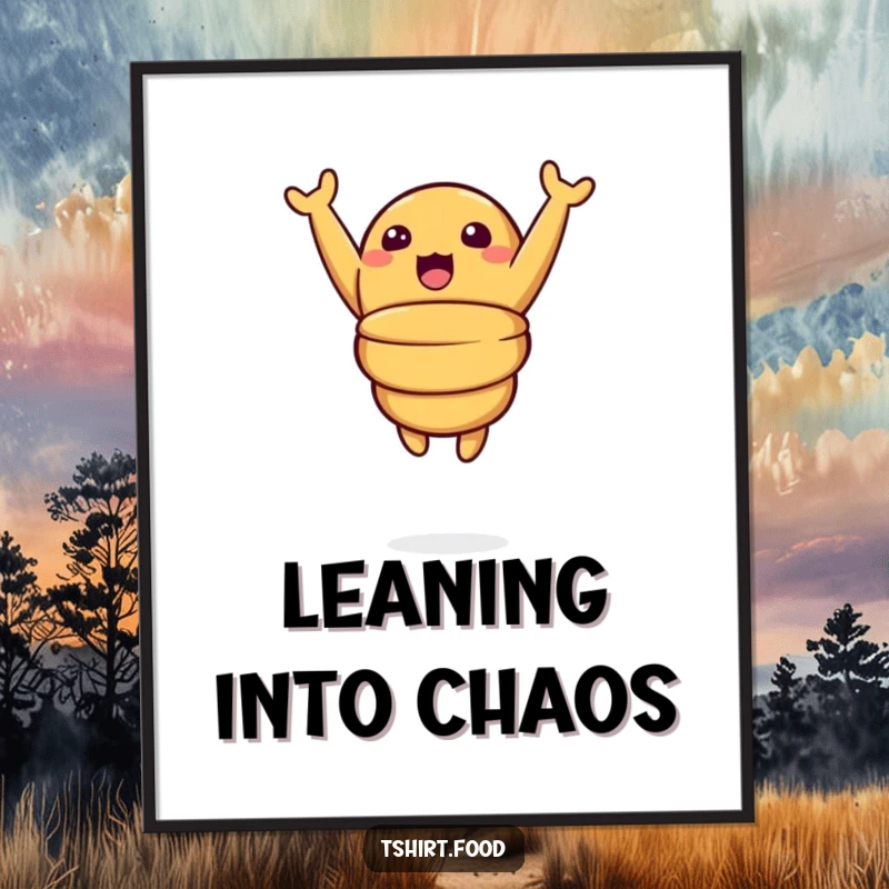 Funny poster print of a surprised croissant character mid-leap with arms raised high, conveying a sense of spontaneous, buttery joy and excitement.