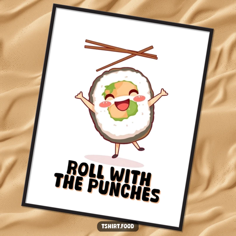 Funny poster illustrating a smiling sushi roll mid-cartwheel with chopsticks airborne, adding a touch of playful energy to any wall.