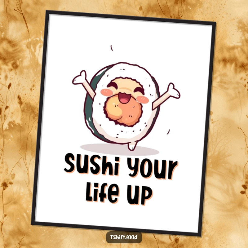 Funny sushi poster illustrating a joyful sushi roll with arms performing a cartwheel, full of energetic movement.
