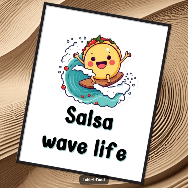 Funny poster art depicting a dynamic round taco character joyfully surfing a colossal wave of salsa, celebrating culinary adventure and fun.