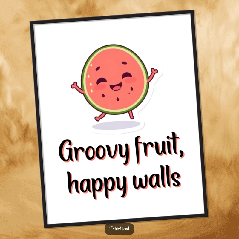 Funny dancing watermelon poster, vibrant silly grin, adding a pop of humor and color to walls. Excellent funny gift.