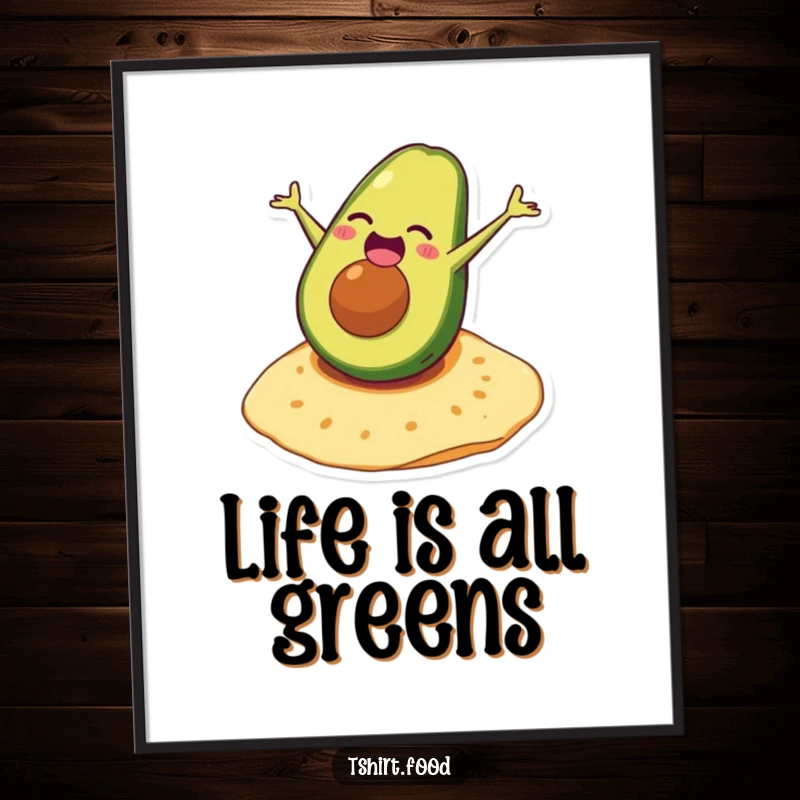 Funny avocado poster art of a laughing character doing a dynamic somersault on a tortilla, bringing food-themed fun.