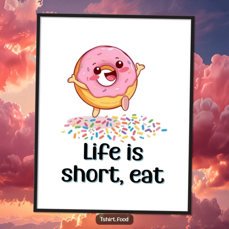 Funny Donut Sprinkle Leap Poster showing a cheerful donut character joyfully jumping over scattered sprinkles, adding a splash of sweet, humorous art.