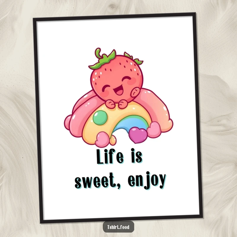 Funny Strawberry Rainbow Poster showing a giggling strawberry character joyfully sliding down a candy rainbow, adding a splash of sweet, humorous art.