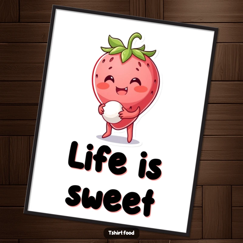 Funny Strawberry Poster: A joyful strawberry character smiles while bouncing a tiny ball, radiating playful energy and sweet charm.