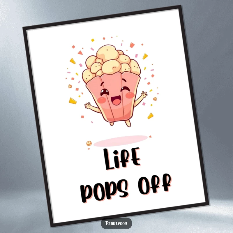 Funny Popcorn Poster: A delighted popcorn kernel explodes with confetti and joy, radiating pure celebratory energy and fun.