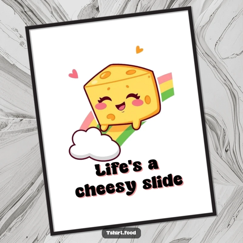 Funny Winking Cheese Wedge Poster, a delightful character joyfully sliding down a vibrant rainbow, bringing smiles.