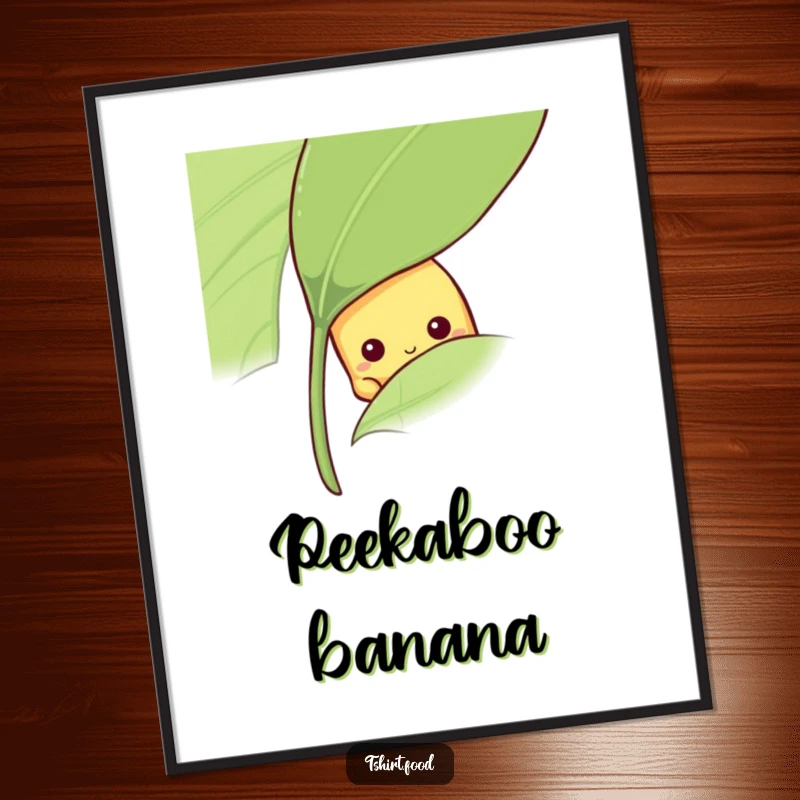 Funny shy banana poster showing a fruit peeking from behind a leaf, perfect funny gift.