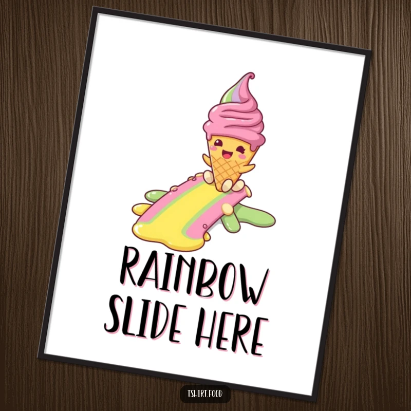 Funny poster art of a smiling ice cream cone character sliding down a colorful rainbow, symbolizing sweet freedom and post-melt happiness.