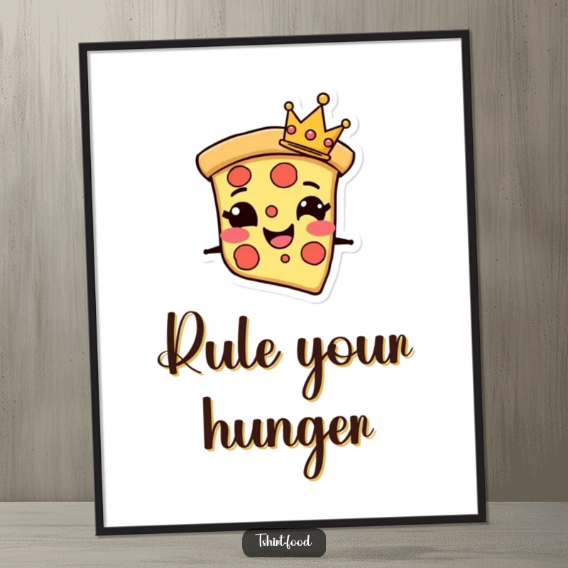 Funny Poster featuring a grinning pizza slice character adorned with a tiny crown, radiating delicious confidence and fun.