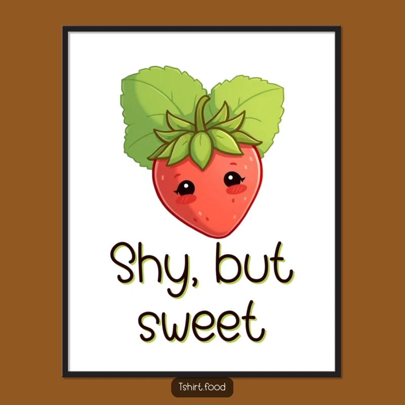 Funny Shy Strawberry Poster Peeking Behind Leaf, Adorable Humorous Wall Art