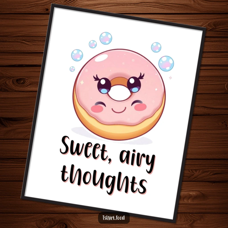 Funny poster of a cheerful donut character happily blowing iridescent bubbles, adding sweet and bubbly humor to any wall.