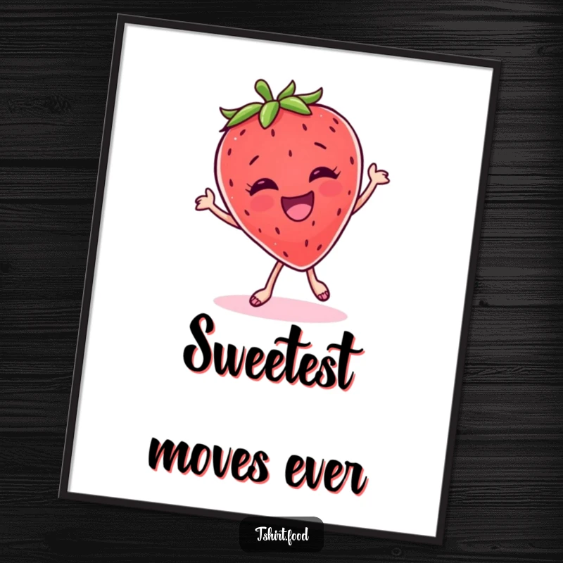 Funny Poster: A whimsical depiction of a giggling strawberry caught in a silly, animated dance, full of life.
